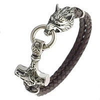 mens viking thors hammer leather bracelet stainless steel wolf head asymmetric amulet bracelet all match jewelry