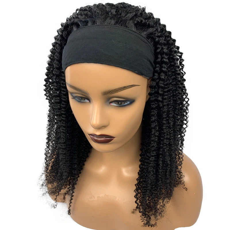 Glueless Afro Kinky Curly Headband Wig Human Hair for Black Women Brazilian Scarf 3/4 Half Wig with Headband Attached