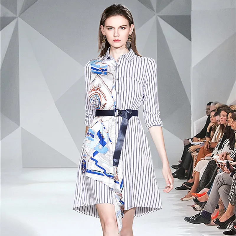 

Women's Vestidos Party Women Chic Single-Breasted Printed Patchwork Striped Dress Long-Sleeved Loose Thin Belt Tide Shirt Dress