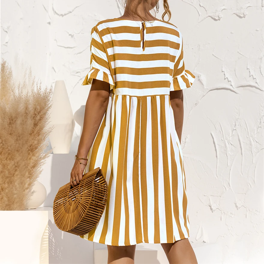 

Women Elegant Ruffle Sleeve Striped Patchwork A Line Dress 2021 Summer Casual High Waist O Neck Loose Dresses Beach Wear