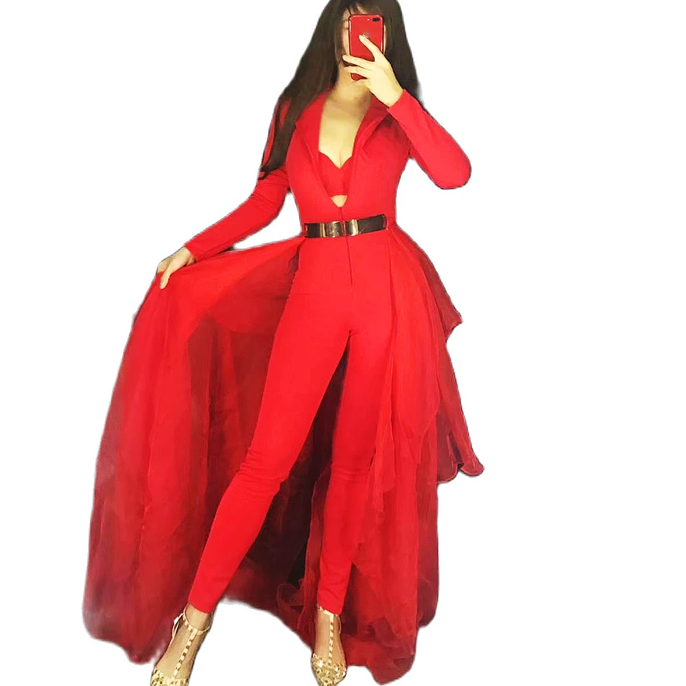 

Turn-Down Collar Tight Stretch Women Jumpsuits Long Tailing Net Yarn Three Pieces Sets Singer Performance Stage Dance Costume