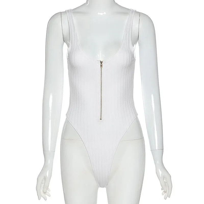 

LAISIYI 2020 White Sleeveless Zipper Patchwork Ribbed Sexy Bodysuit Summer Women Fashion Streetwear Outfits Body Solid Romper