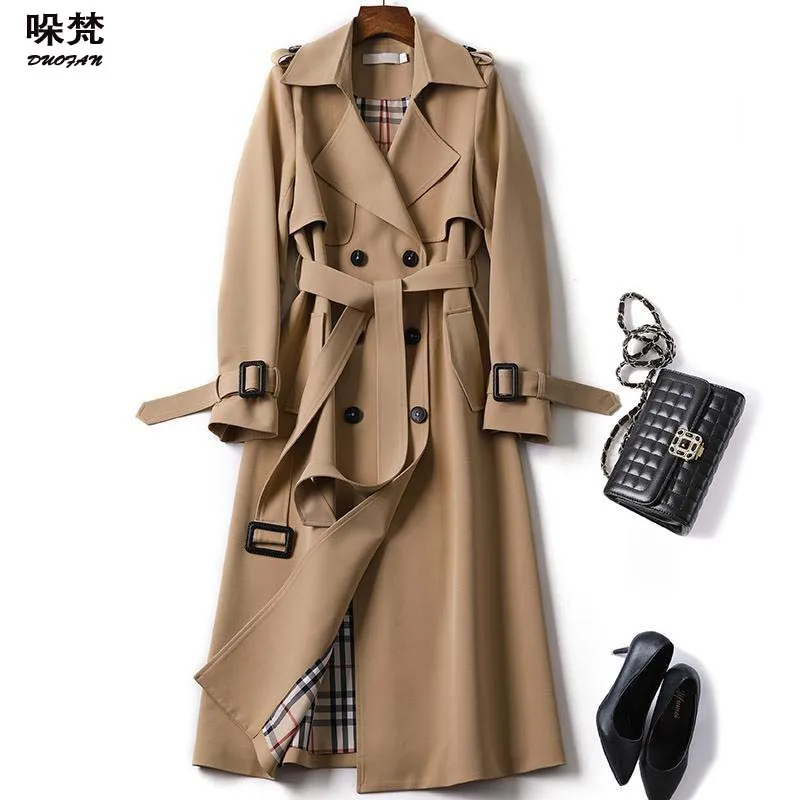 

DUOFAN Trench Coat For Women Solid England Korean Fashion Oversized Windbreaker Double-breasted Long Belted Office Lady Cloak
