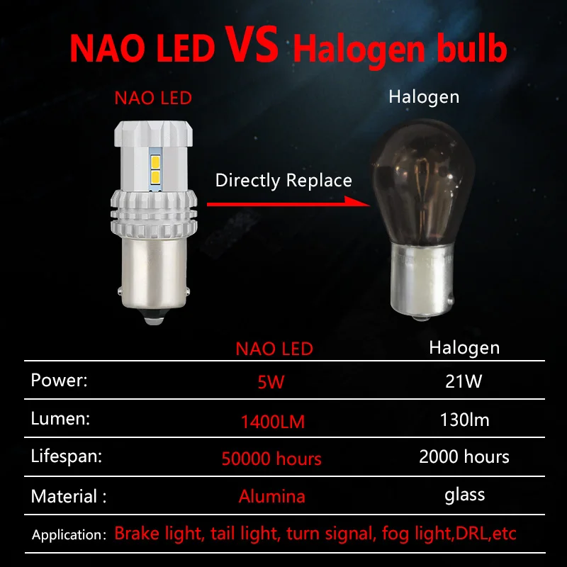NAO P21W светодиодсветодиодный PY21W T20 W21W W21 5W Габаритные огни BA15S P21/5W 12V 7443 1156 DRL 1157 Bay15d