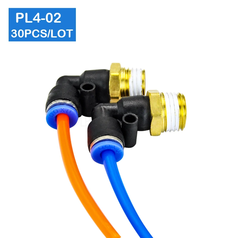 

30 Pcs of PL4-02 free shipping, 1/4" Male Thread to 4mm Elbow Pneumatic Connector Fittings