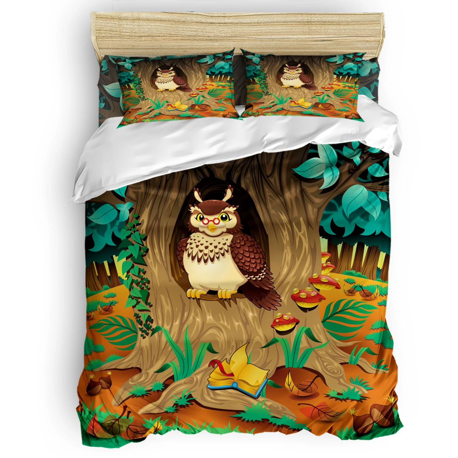 

Owl Animal Cartoon Forest Wings Chestnut Fruit Duvet Cover Set Bed Sheet Pillowcase Bedroom Comforter Bedding Sets