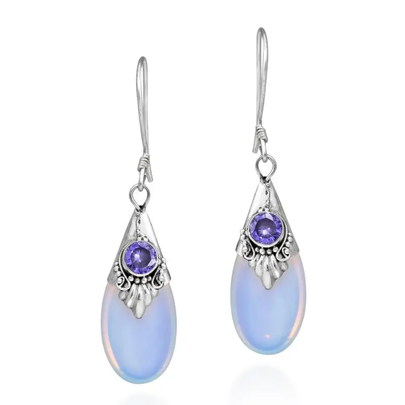 Серьги подвески Женские винтажные из тайского серебра с белым лунным