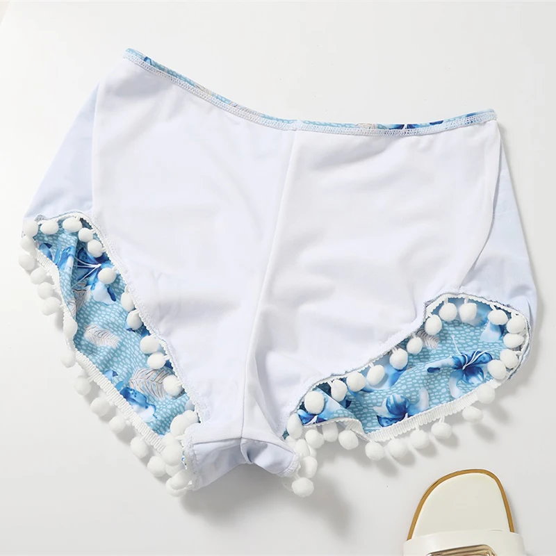 

Women Bikini Set Three Pieces Swimsuit High Waist Floral Print Swimwear Sexy Push-Up Bathing Suit Tassel Brazilian Biquinis Blue