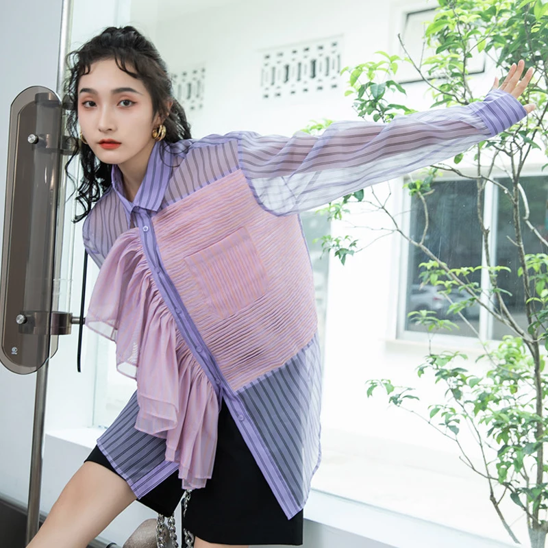 Женская длинная рубашка в полоску Корейская Асимметричная Свободная блузка