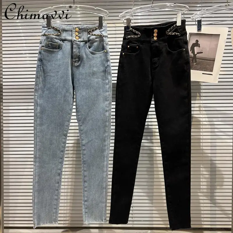 

Новинка 2021, зимняя одежда, джинсы с украшением в виде звеньев цепи для женщин, элегантные облегающие бархатные джинсовые брюки-карандаш, уни...