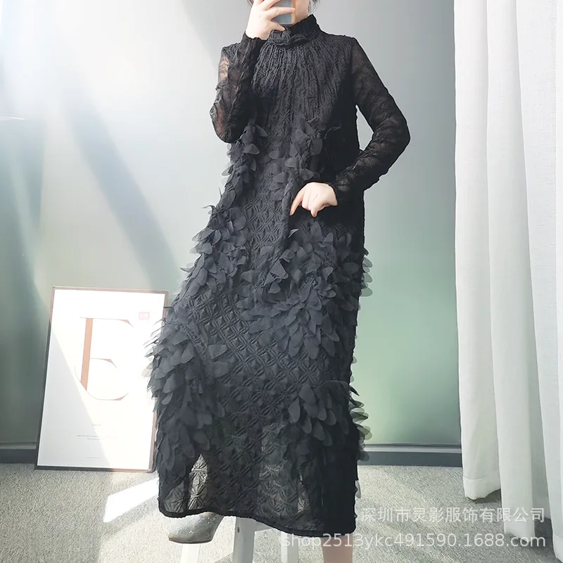 

Женское винтажное платье миаке, плиссированное платье с 3D аппликацией и вышивкой «Подсолнух», длинное модное платье с высоким воротником, з...