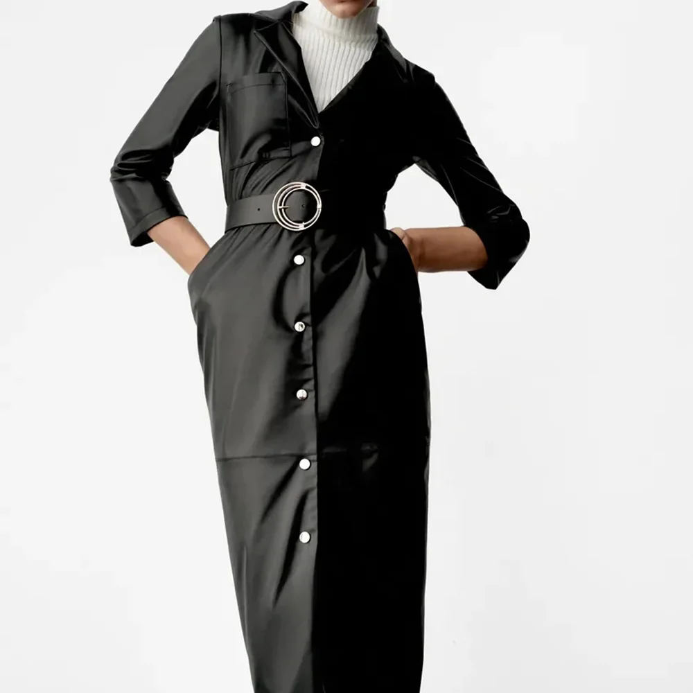 

Осень 2021, женское элегантное черное облегающее платье xikom из искусственной кожи, женское модное винтажное однобортное офисное женское мини-...