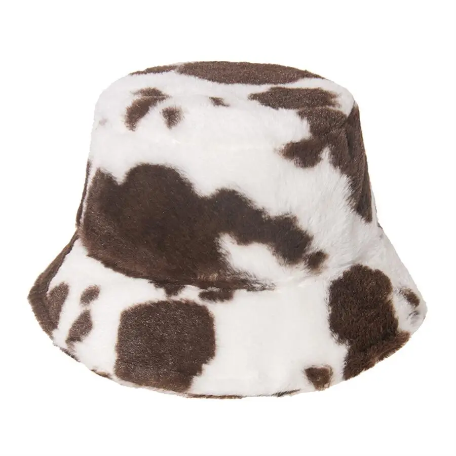 

New Autumn Winter Cow pattern Bucket Hat Women Leopard Soft Warm Panama Female Outdoor Visor Basin Caps