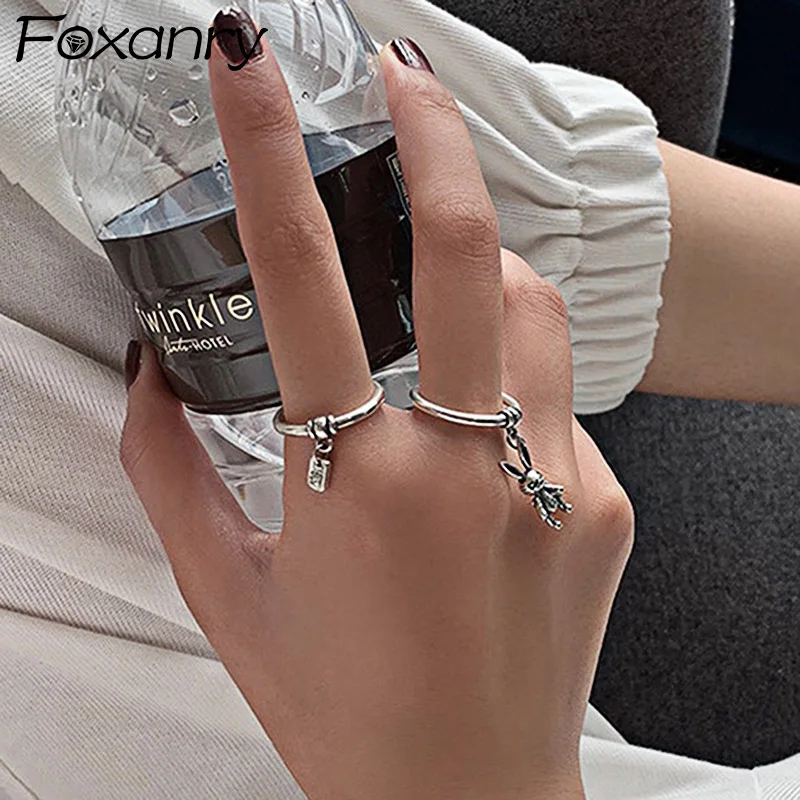 Evimi 925 Standard Silver Finger Rabbit Pendant Rings for Women New Fashion Vintage Handmade Smiley Face Party Jewelry Gifts
