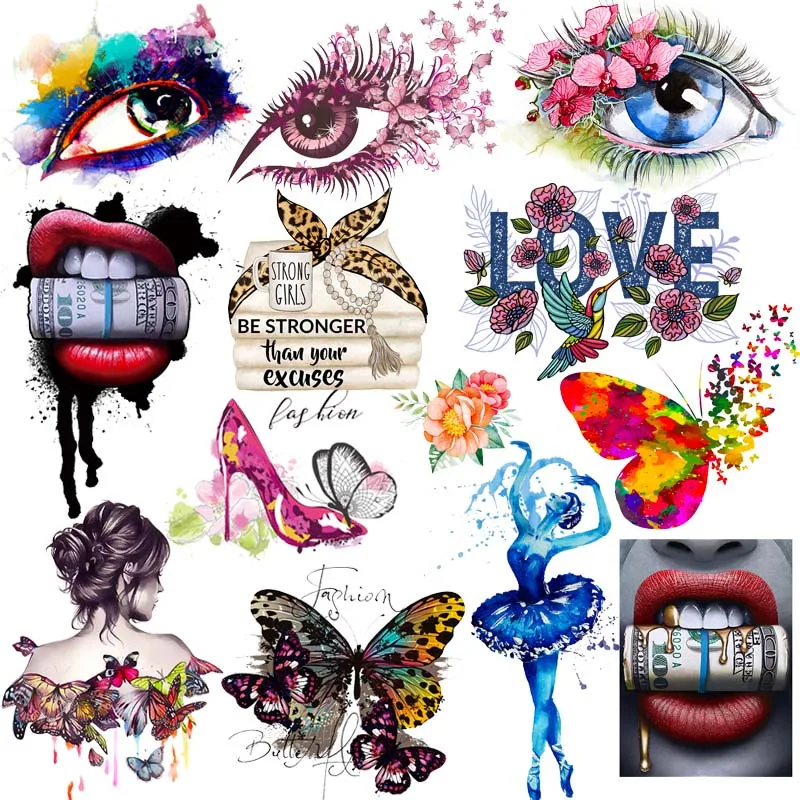 

Flowers Eyes Heat Transfer Butterfly Iron On Transfers Thermo Clothing Stickers Sexy Lips Patches For Clothes Applique Washable