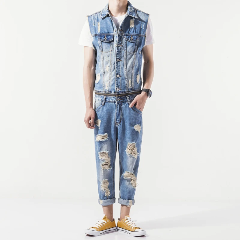 

Mens Summer New Sleeveless Denim Jumpsuit Casual Cowboy Slim Fit Hole Ripped Romper Jeans Pants Male Zip One Piece Bib Overalls