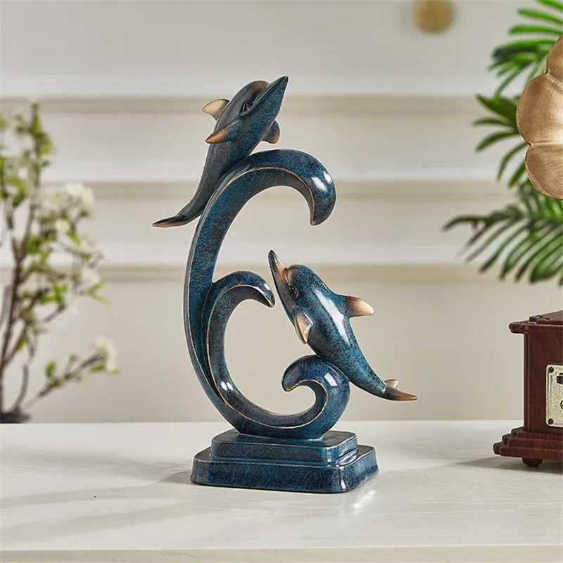 

HHT Mediterranean Style Creative Spray Dolphin Ornaments Living Room Entrance TV Cabinet Home Decoration Accessories Resin Gifts
