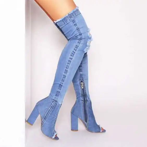 

Denim holed thick heel boots fashion cool boots