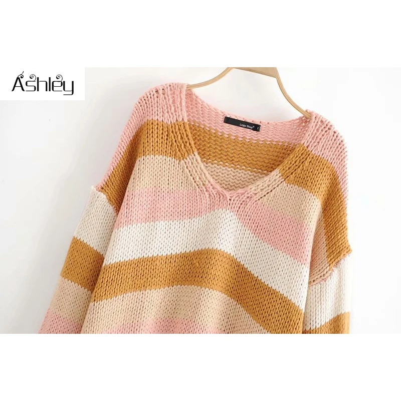

Ashley Casual contrast striped loose women sweater V-neck long sleeve bottom wave pullover Warm hairy autumn winter jumper 2020