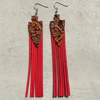 retro embossing genuine leather leopard cow pattern dangle drop earrings for women exaggerated long red tassel jewelry wholesale