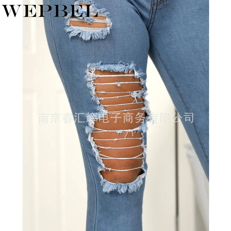 

WEPBEL Women High Waist Straight Jeans Ladies Pant Holes Streetwear Fashion Female Denim Trouser Women Ripped Casual Jeans