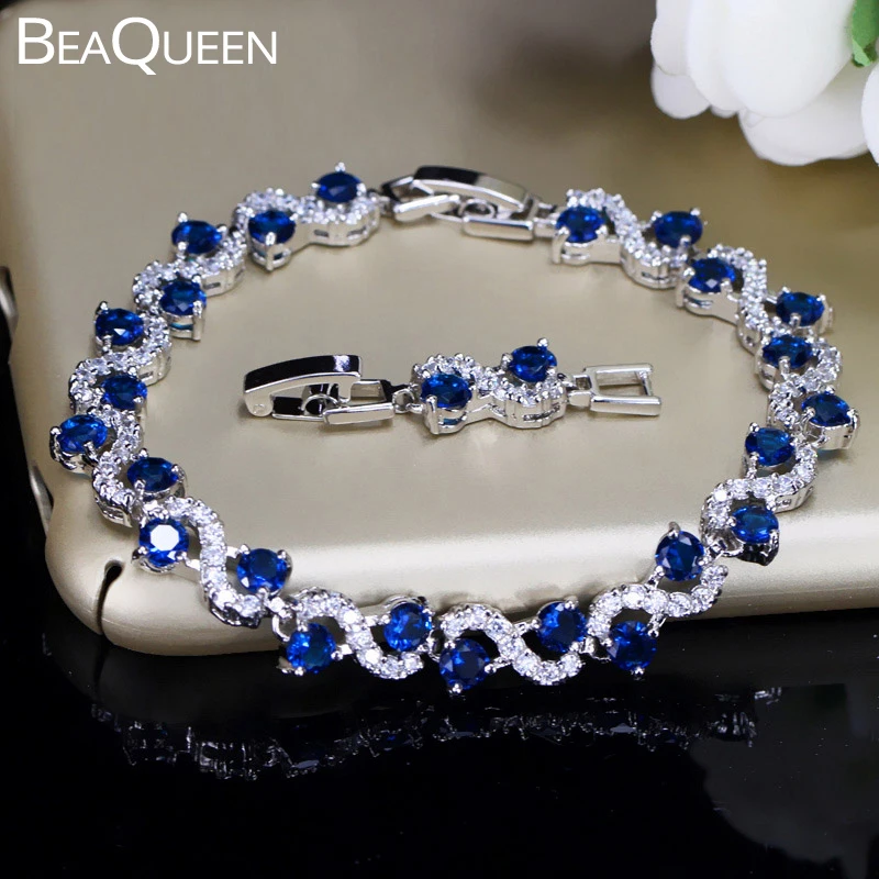 BeaQueen-pulsera de tenis con circonita cúbica para mujer, brazalete de cristal azul oscuro con piedras, accesorios de fiesta, joyería, regalo, B016