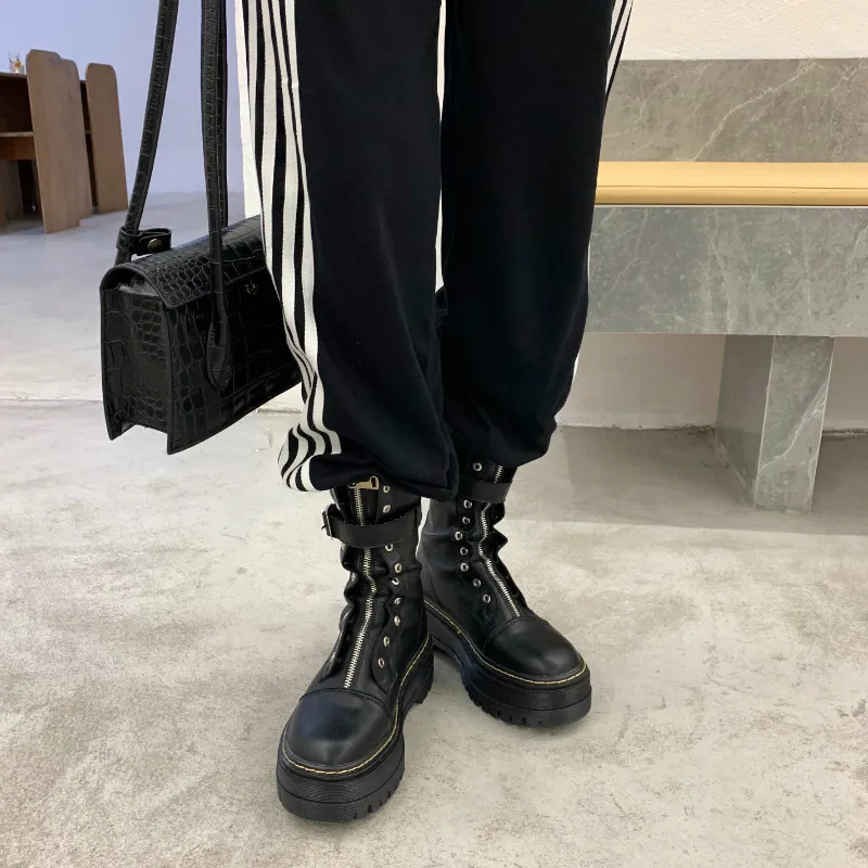 MONMOIRA Front Zipper Platform Martin Boots Women Black Punk Rivets Motorcycle Buckle Strap Chunky Heel Ankle | Обувь