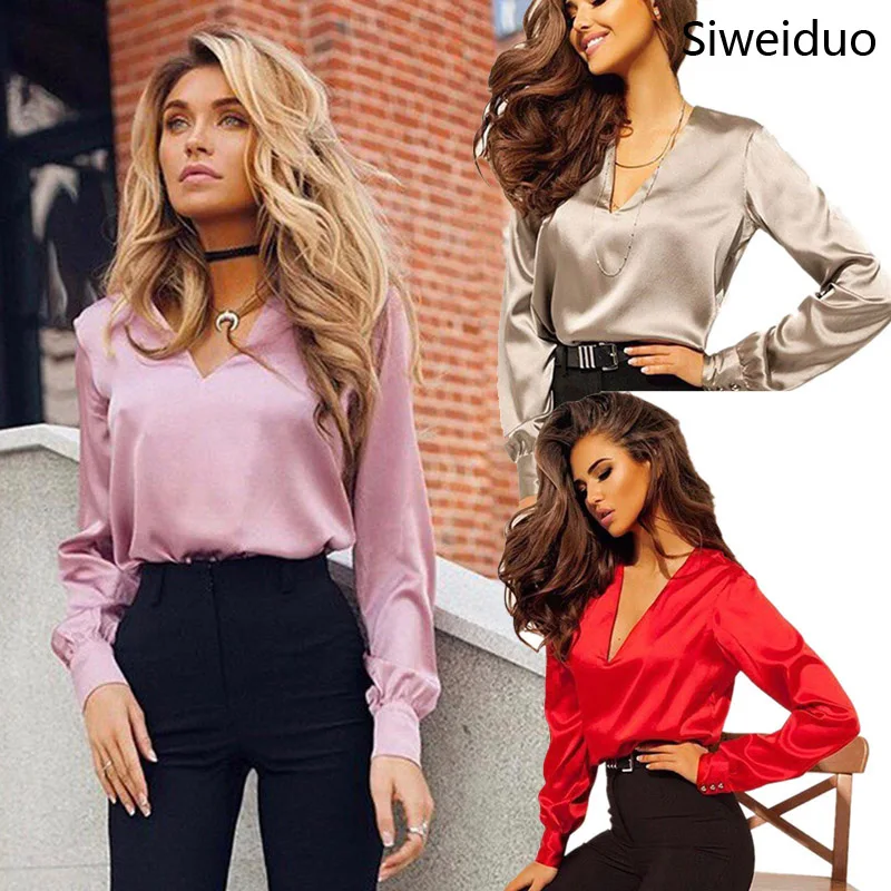 2019 женские блузки сексуальные модные сатиновые элегантные v образный вырез для