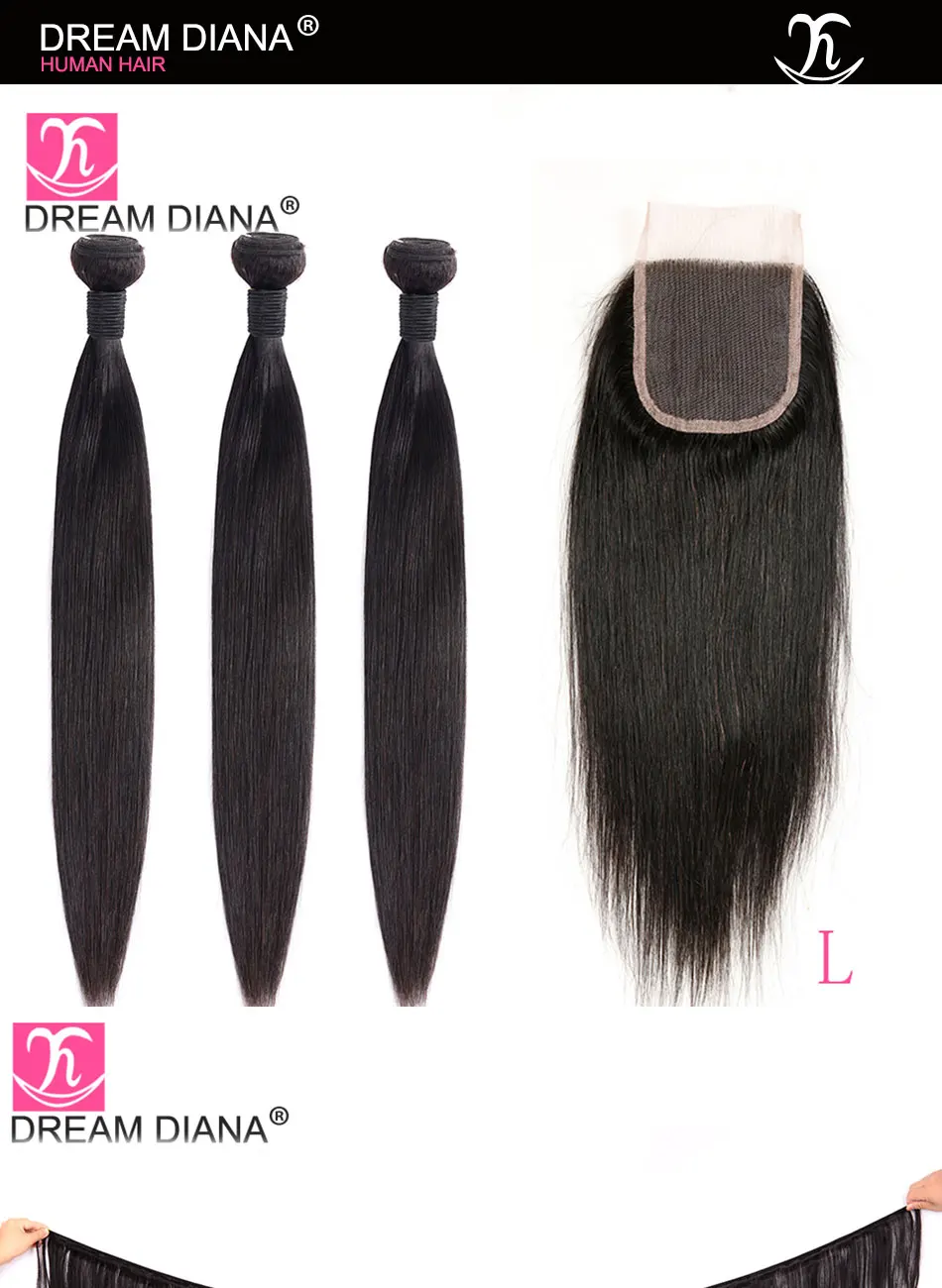 DreamDiana перуанские прямые волосы с закрытием 3/4 пучков "-28" L пучки волос Remy с закрытием натуральный цвет человеческих волос