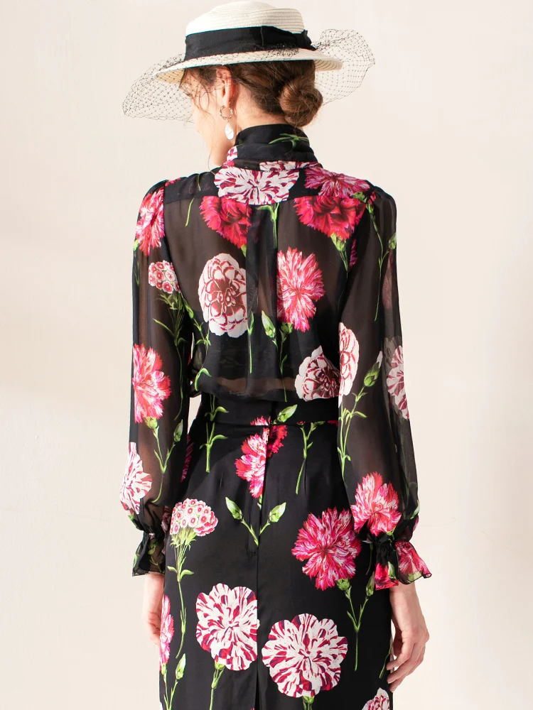 Женская шелковая блузка MoaaYina летняя с рукавом-фонариком и бантом цветочным