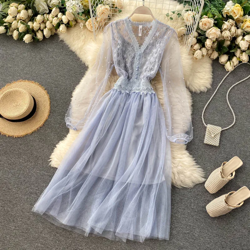 

Women Two Suits Beading Yarn OL Dresses Y2K Summer Office Lady Hollow Out Party Dress Fashion Vintage Solid Vestidos Wear D334