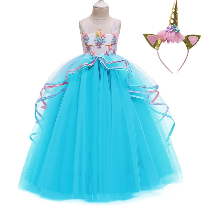 Rainbow Unicorn Cosplay Girl Dress Party Elegant Flower Lace Long Tutu Formal Ball Gown Princess Baby Dresses 5 7 8 12 14 Years | Детская