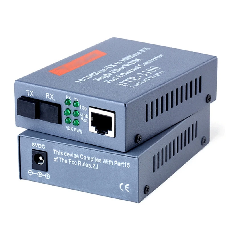 

H9EB 1 Pair HTB-3100 Media Converter Fiber Optical Single Mode Fiber SC Port 25KM