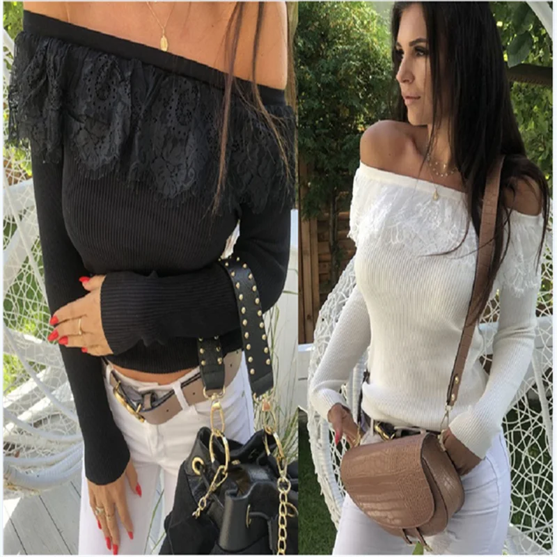 Женский трикотажный пуловер с открытыми плечами однотонный Повседневный свитер