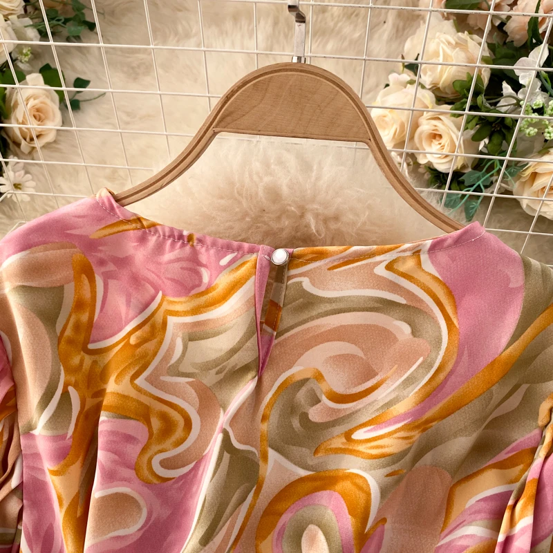 

Women Dress Blending Floral-Printed O-neck Slim Sashes Long Dress Ladies Fashion Holiday Flower Mid-calf Long Pleated Dress