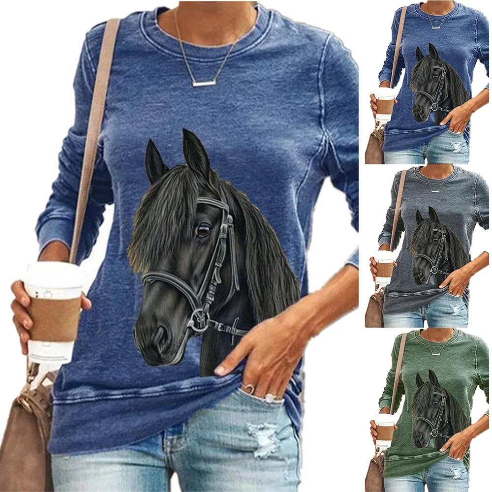 

Women Horse Head Long Sleeves Shirt Crew Neck Comfy Jumper Pullover Blouse Tops Ladies Casual Printed Outwearing Tops Clothes