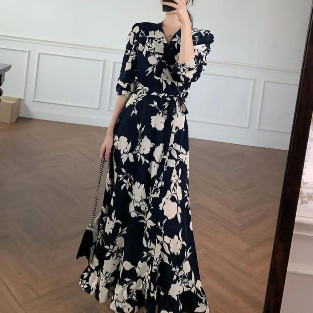 

Dress Autumn New 2021 Korean Fashion Retro Floral Printing V-neck Lace Casual Temperament Simplicity Women Long Dress