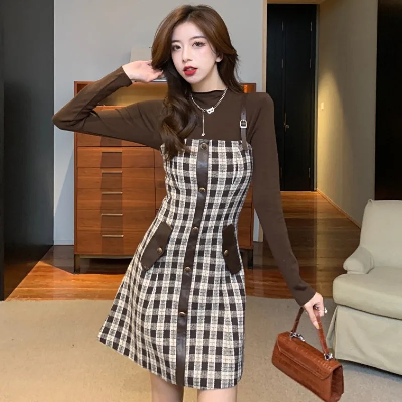 

Женский комплект из 2 предметов, элегантный хлопковый топ и однобортное клетчатое твидовое мини-платье на бретелях, Осень-зима 2021