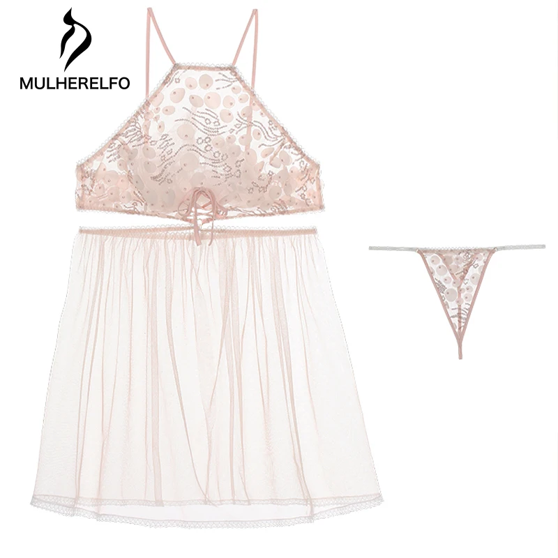 

Pink Sexy Lace Nightgowns Women Nightdress Hollow Embroidery Patchwork Sleep Dress Female Nightwear Lace-Up Backless Sleepwear