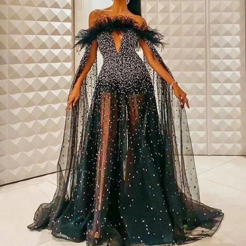 

Maxi Dress for Women Bronzing Fashion Sexy One-shoulder Mesh Splicing Long Sleeve Party Dress Lugentolo