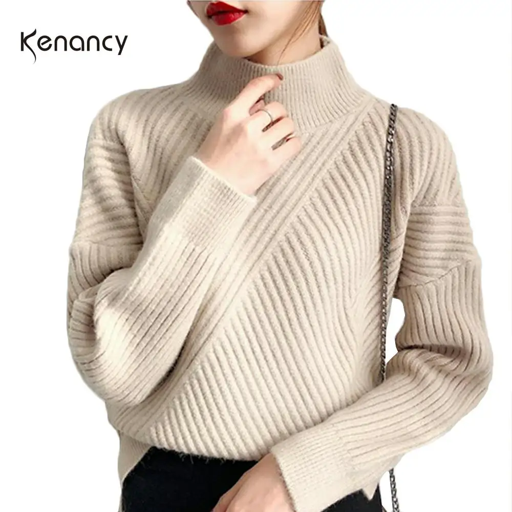 Kenancy Solid Color Women Causal Sweater Autumn Winter Turtleneck Long Sleeves Female Pullovers Knitted Pit Femme Tops Outwear | Женская