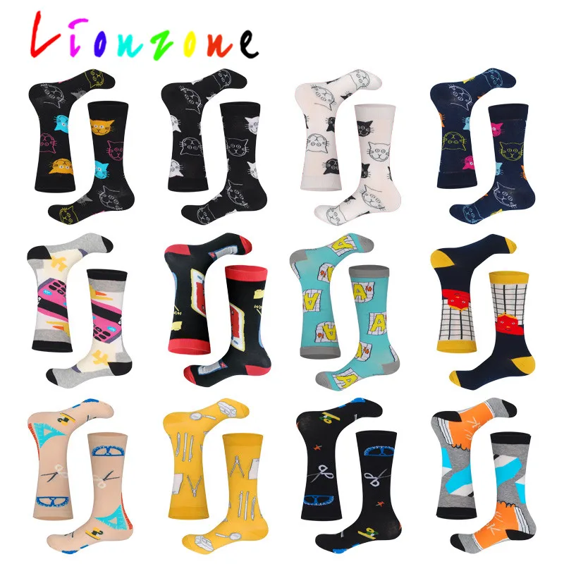 LIONZONE, женские счастливые носки, унисекс, цветные, коты, роботы, канцелярские принадлежности, фирменный дизайн, хлопковые Теплые повседневные носки, забавный подарок для влюбленных