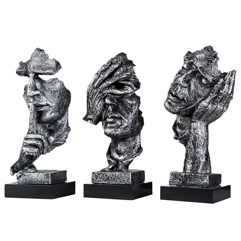 

Art Statues Resin Abstract Figurine Ornament Don't Listen Don't Look Don't Say Classic Head Craft Ornaments for Desk Home Decor