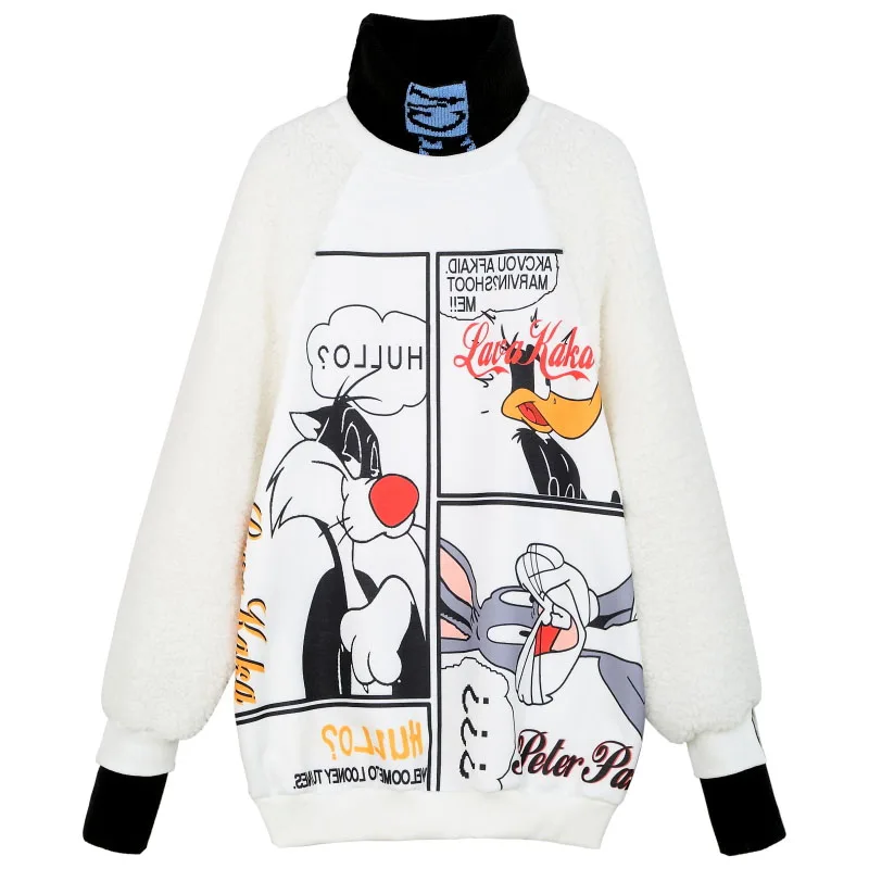 2019 зимние модные толстовки с мультяшным принтом бархатные женские высоким