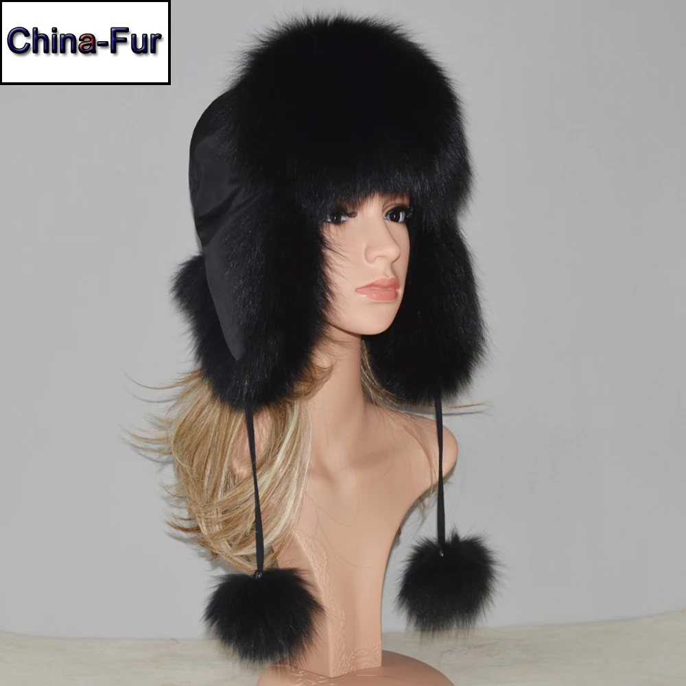 Шапка бомбер из натурального Лисьего меха зимняя теплая Женская Пушистая ушанка