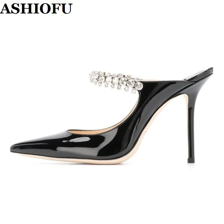 

ASHIOFU Handmade New Ladies Stiletto Heels Slipper Rhinestones Slip-on Party Summer Shoes Daily Wear Fashion Flip-flop Slippers