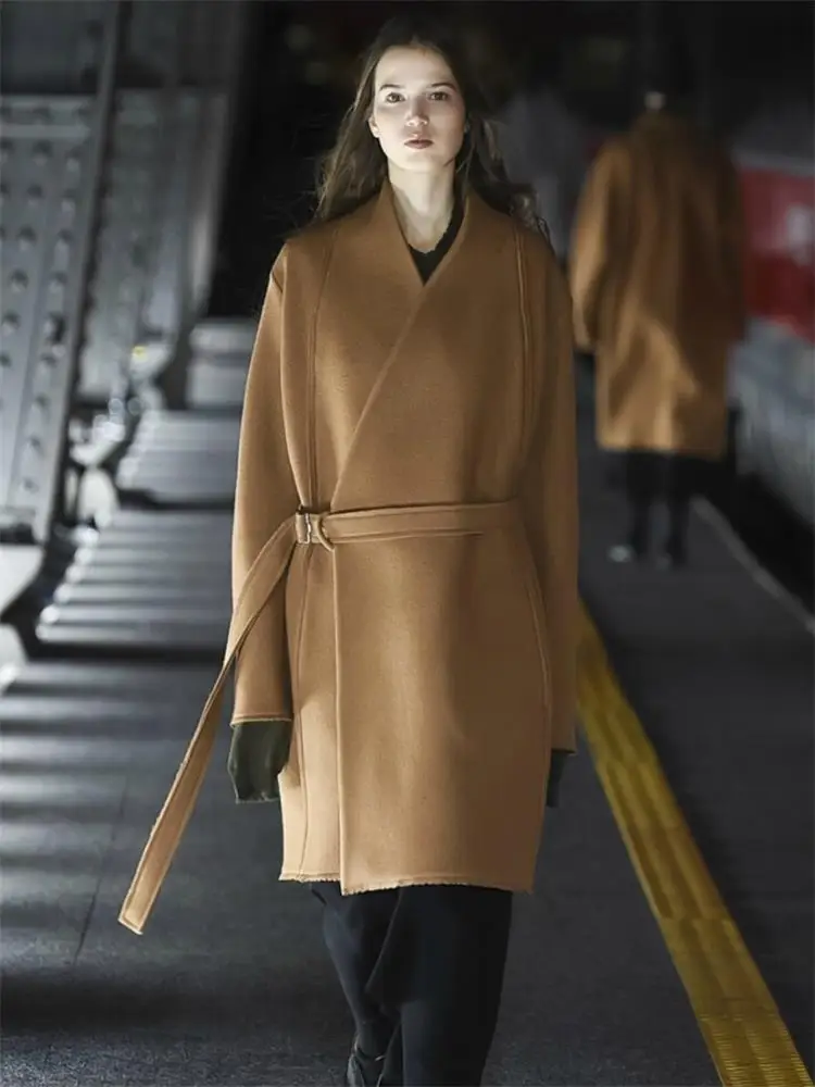 

Men's Wool Coat Autumn/Winter New Collarless Dark Medium Length Side Buckle Belt Design Youth Fashion Trend Versatile Coat