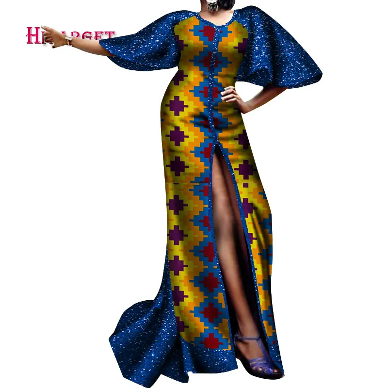 

2020 New African Wax Print Party Dresses for Women Bazin Riche Cotton Split long Dress Dashiki African Fashion Clothing WY6442