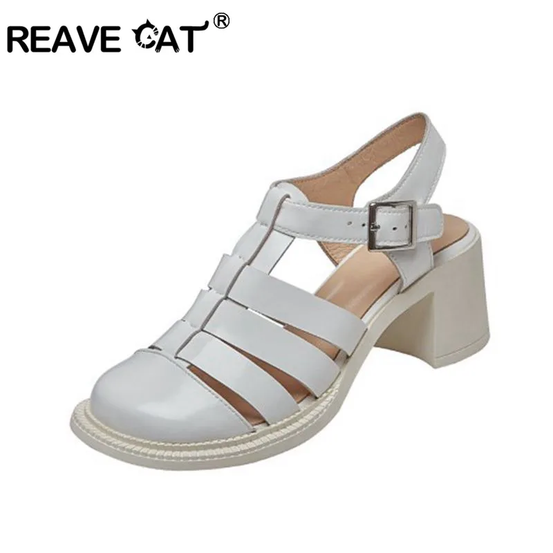 

REAVE CAT Roman High Heels Sandals For Women Genuine Leather Cut Outs Round Toe Square Heel Buckle Soft Comfort Plus B2597