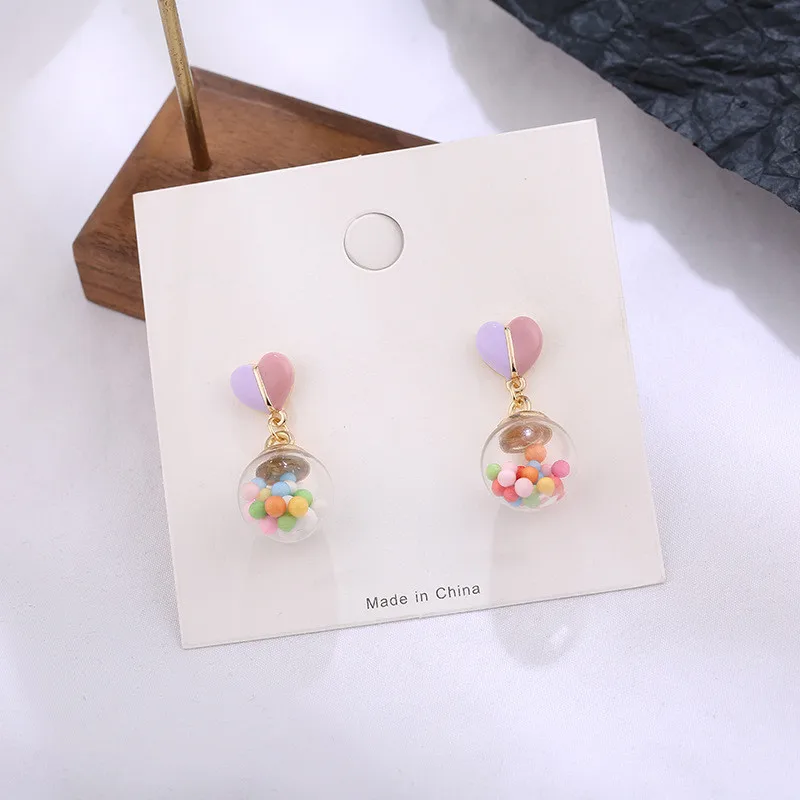 

HANGZHI 2021 NEW Lovely temperament contrast color heart-shaped earrings dream candy colored glass ball earrings earrings